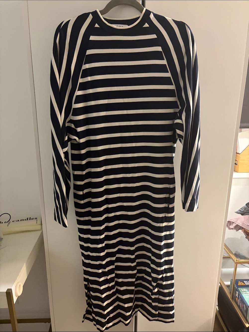 COS Black and White Striped Long Sleeve Midi Dress